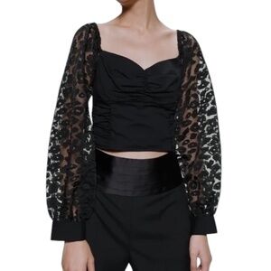Zara Animal Organza Sheer Long Sleeve Ruched Crop Top Black Size Small 1971/180